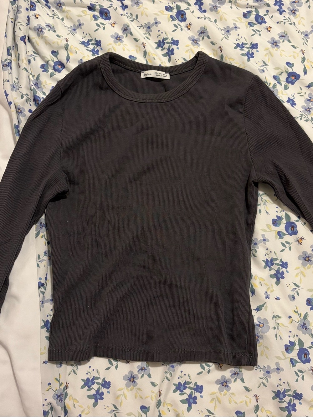Bershka Charcoal Ribbed Long-Sleeve Top